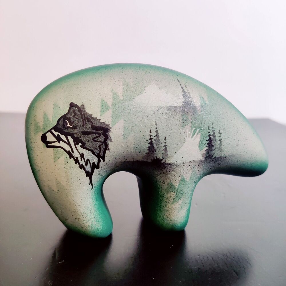 Native American Navajo Wolf Spirit Pottery Bear Art Figurine Signed Eva